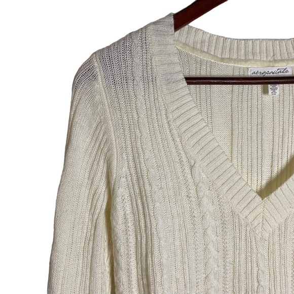 Aeropostale Chunky Cable Knit V Neck Ribbed Cream Long Sleeve Sweater Medium - Picture 6 of 16